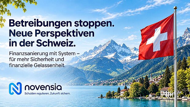 Novensia Erfahrungen Schweiz: Betreibungen ohne neue Schulden angehen – Schweizer Flagge vor Bergsee